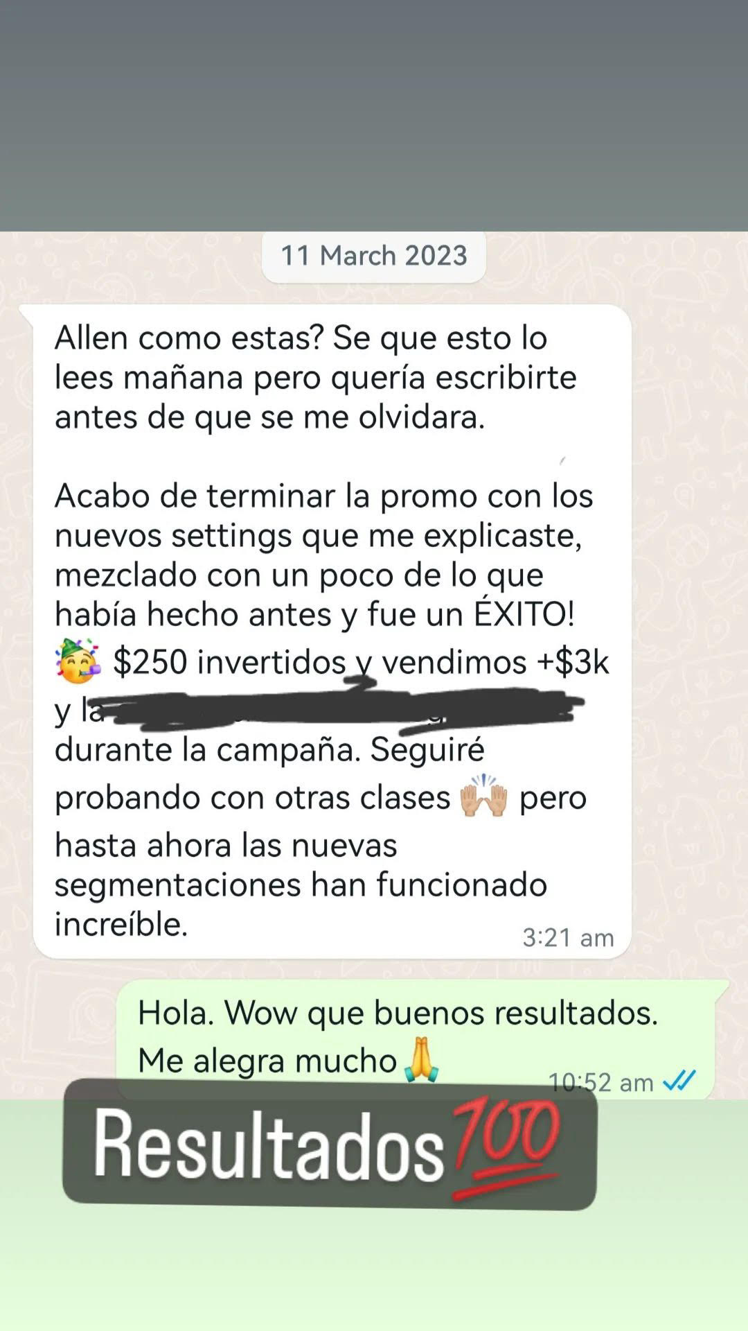 WhatsApp message: $250 invested, sold over $3k